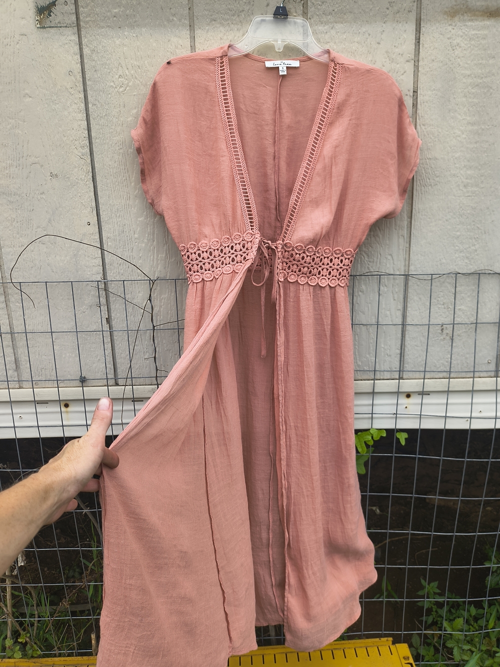 Love Tree Mauve Pink Open Front Duster with Crochet Waist